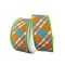 1.5" White Satin Busy Plaid Ribbon: Teal, Lime and Orange (10 Yards)